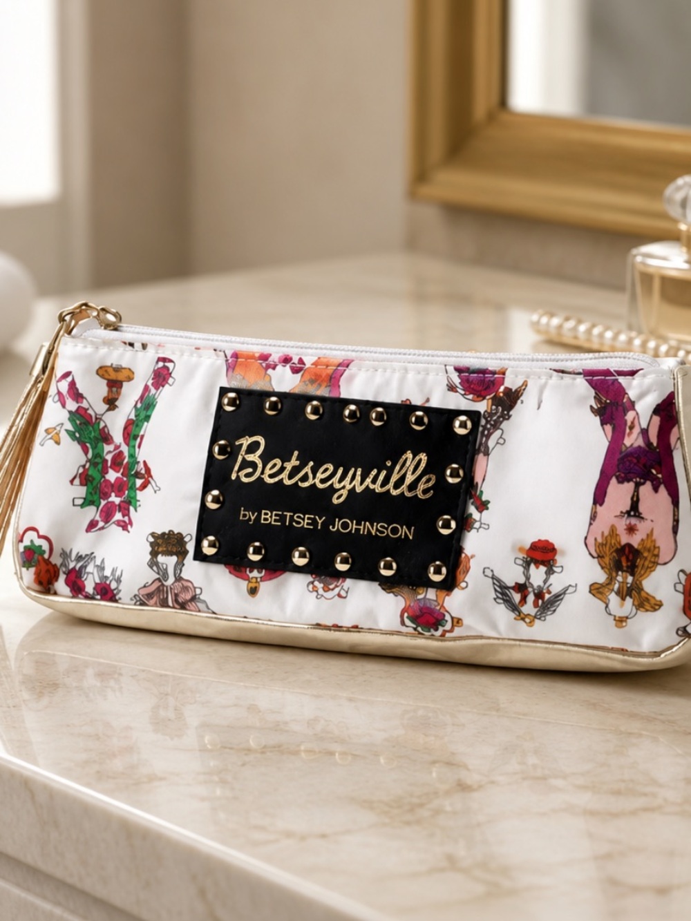 Betsey Johnson Summer Gold and White Cosmetic Bag Playful Design